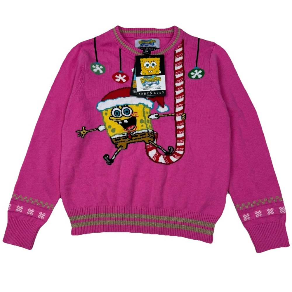 Spongebob Squarepants  Andy Evan Kids Pink Christmas Jacquard‎ Sweater Size 6X